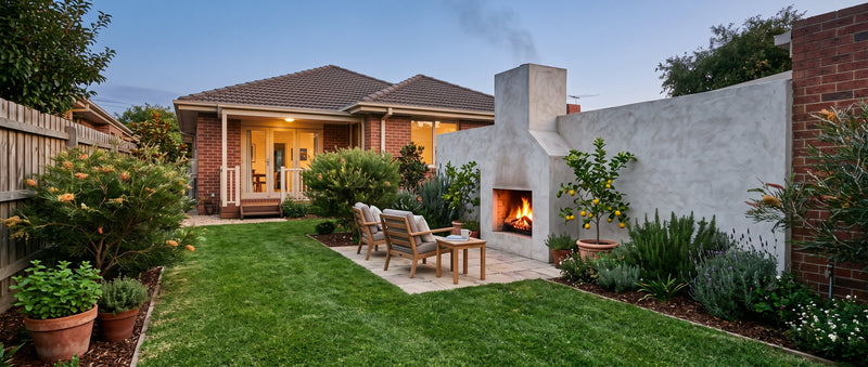 Rendered masonry outdoor fireplace with a chimney and live fire in a tidy suburban Australian backyard at dusk