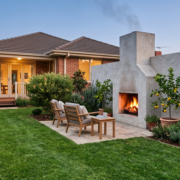 Rendered masonry outdoor fireplace with a chimney and live fire in a tidy suburban Australian backyard at dusk