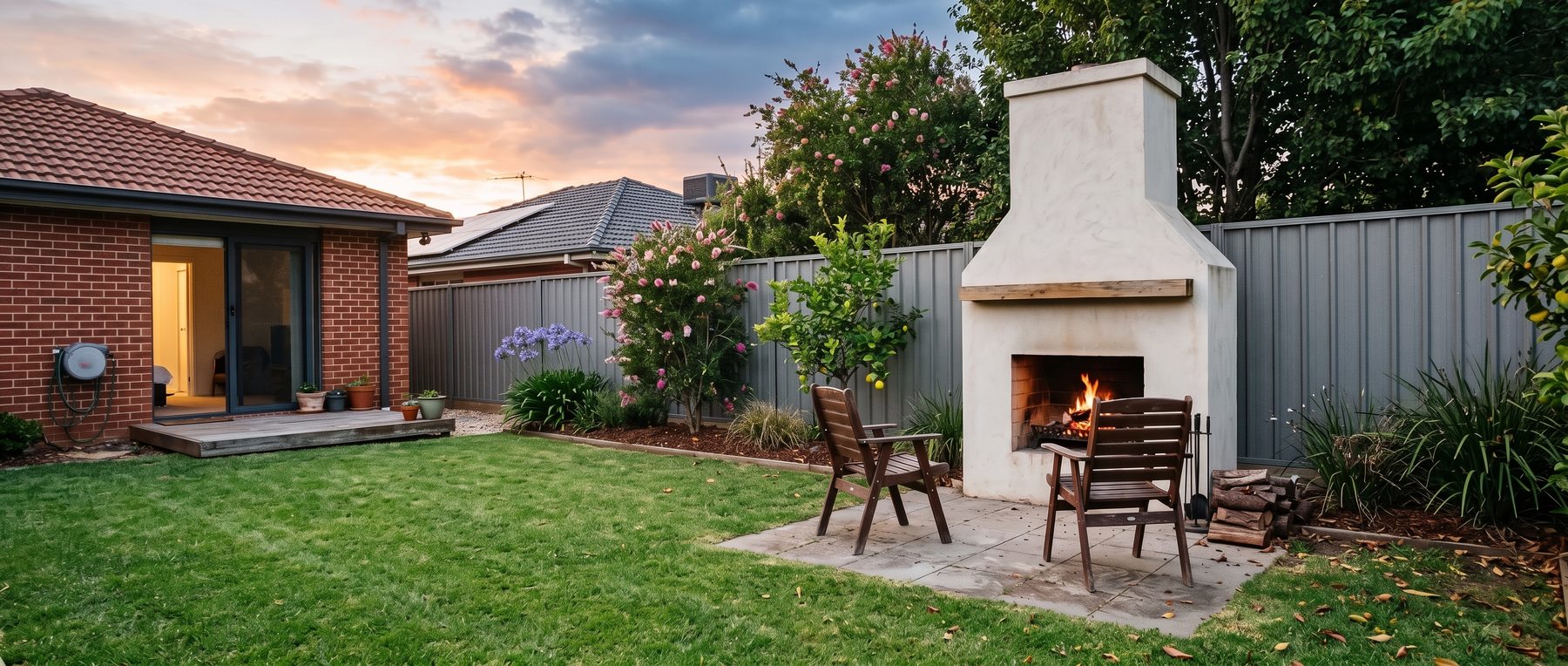 Rendered outdoor fireplace with a wood fire on a paved patio in an Australian suburban backyard at dusk