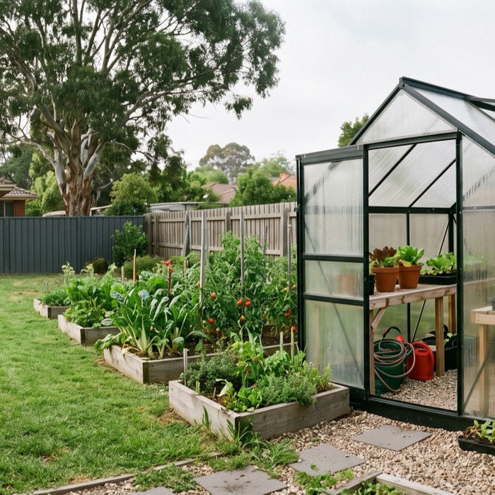 Polycarbonate greenhouse with black aluminium frame beside raised vegetable beds in an Australian suburban backyard