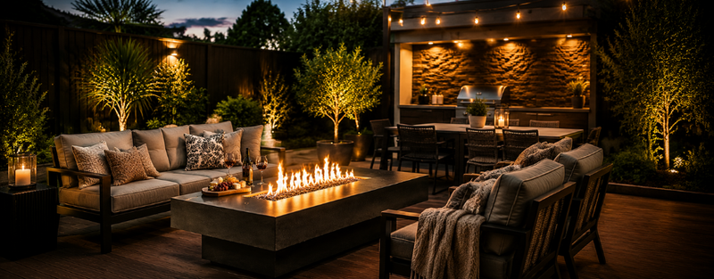 A luxurious outdoor patio featuring a sleek rectangular fire table, warm flames, and comfortable seating, creating a perfect space for outdoor relaxation and dining.