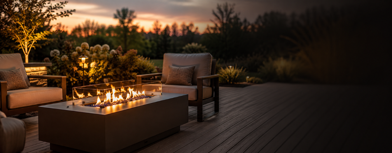 Propane fire table on composite deck in a luxury backyard at golden hour, showing a stylish and safe fire pit table setup for composite decks.