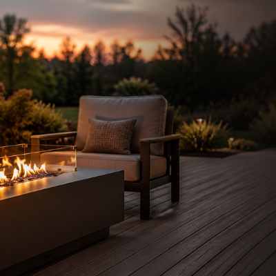 Propane fire table on composite deck in a luxury backyard at golden hour, showing a stylish and safe fire pit table setup for composite decks.