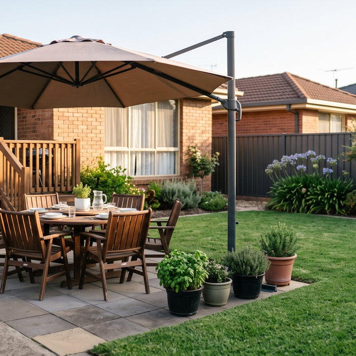 Octagonal cantilever umbrella shading a dining table in a normal Australian backyard