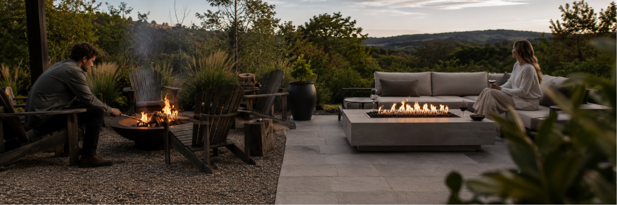 Rustic wood fire pit beside a modern gas fire table on a split Australian backyard entertaining space at dusk.