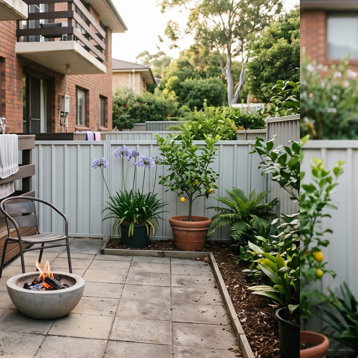 Small outdoor fireplace idea for a courtyard, a compact fire bowl on a narrow paved patio near an apartment balcony