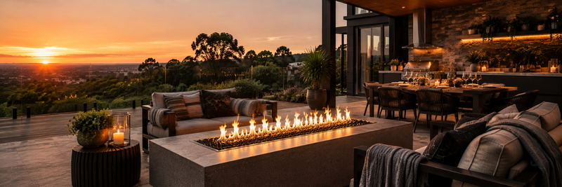 Table fire pit outdoor setup beside a luxury firepit dining table at sunset