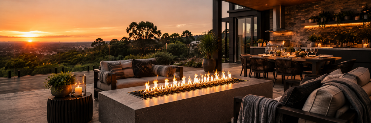 Table fire pit outdoor setup beside a luxury firepit dining table at sunset