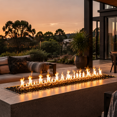 Table fire pit outdoor setup beside a luxury firepit dining table at sunset