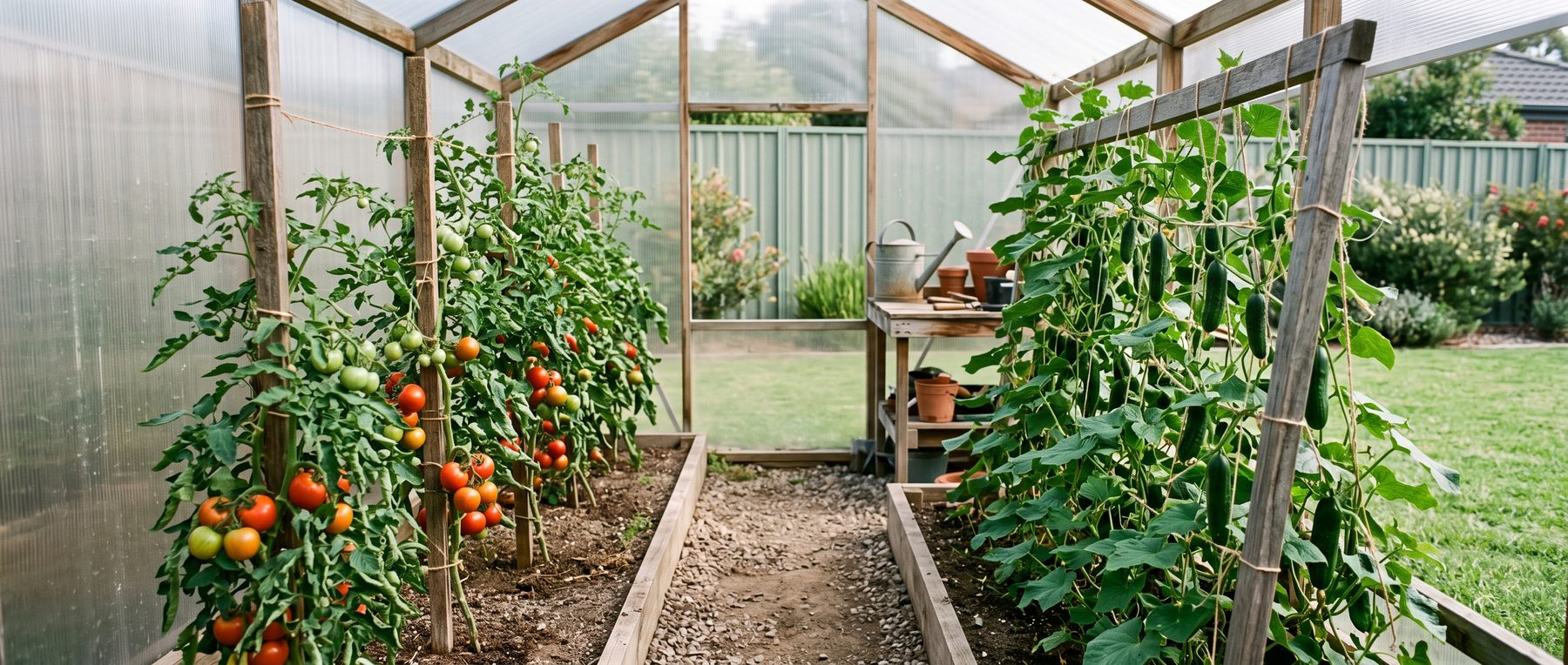 Tomatoes and cucumbers growing together in separate beds inside a backyard polycarbonate greenhouse