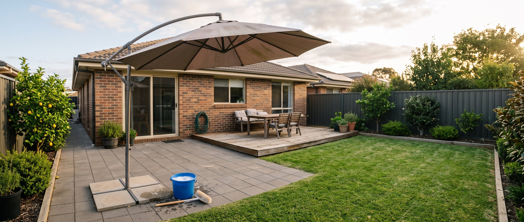 Cantilever patio umbrella being cleaned of mould and mildew in a normal Australian backyard
