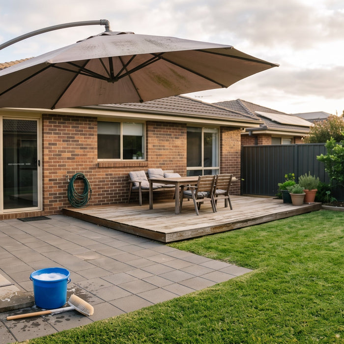 Cantilever patio umbrella being cleaned of mould and mildew in a normal Australian backyard