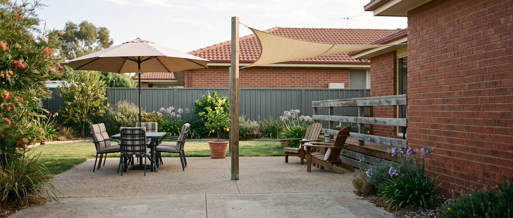 Cantilever patio umbrella and shade sail shading separate zones of a suburban paved patio