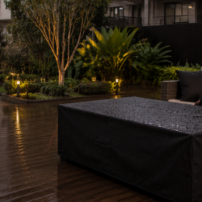Wide view of a covered rectangular fire table on a wet timber deck in a modern Australian backyard while two men relax with drinks beside outdoor lounges and a grazing platter during light rain.