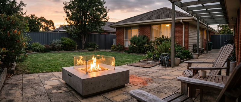 A concrete fire table with a glass wind guard alight on a suburban Australian patio at dusk