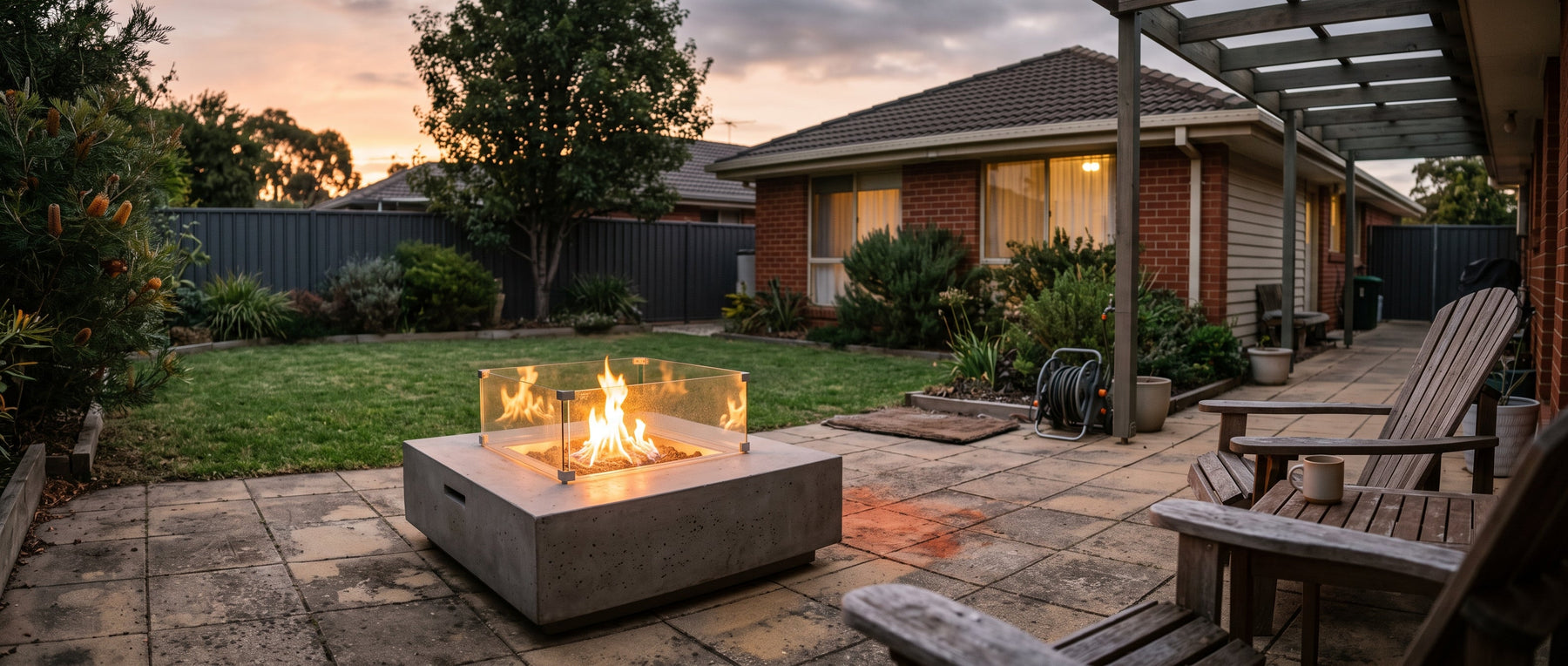 A concrete fire table with a glass wind guard alight on a suburban Australian patio at dusk