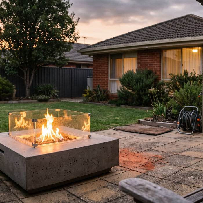 A concrete fire table with a glass wind guard alight on a suburban Australian patio at dusk