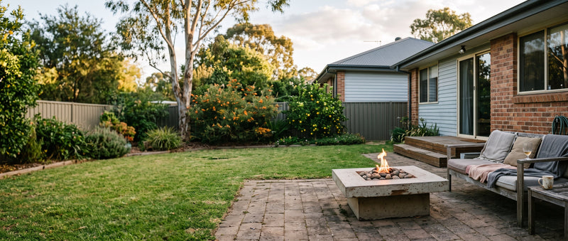 A concrete fire table alight on a paved patio in a normal Australian suburban backyard in late afternoon light