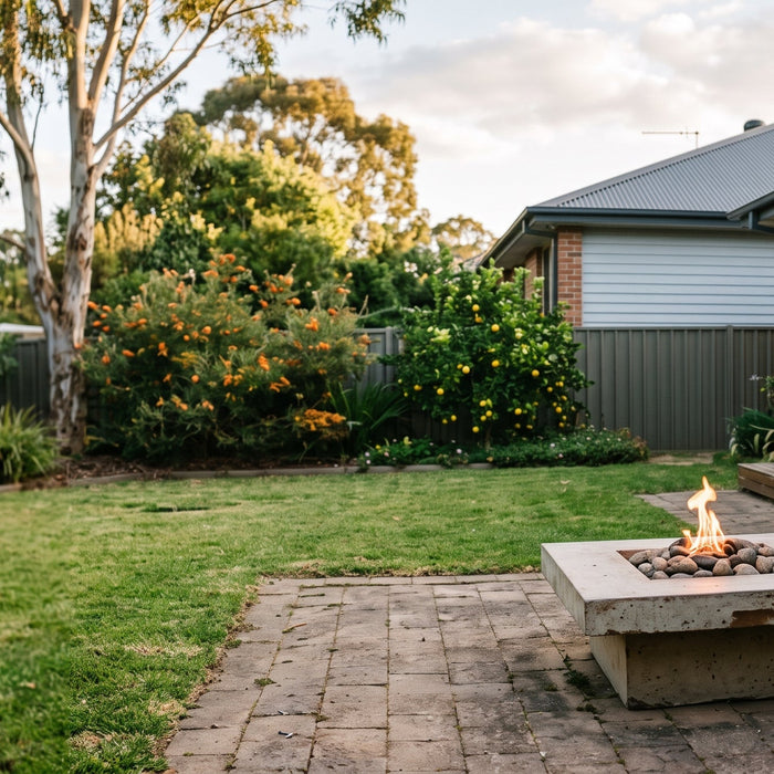 A concrete fire table alight on a paved patio in a normal Australian suburban backyard in late afternoon light