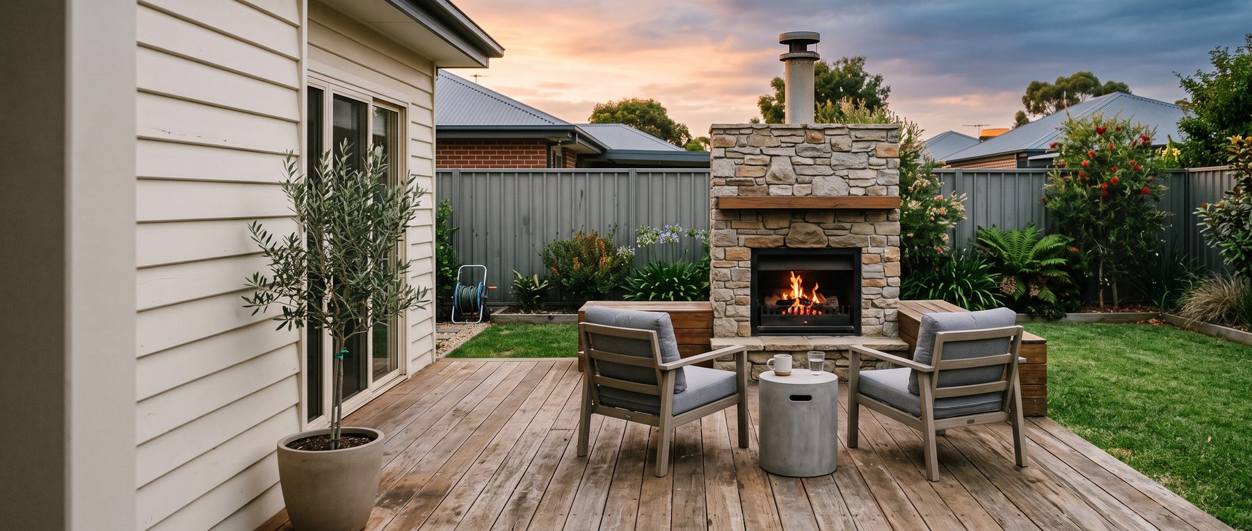 Stone outdoor fireplace with a timber mantel and chimney on a backyard deck at dusk