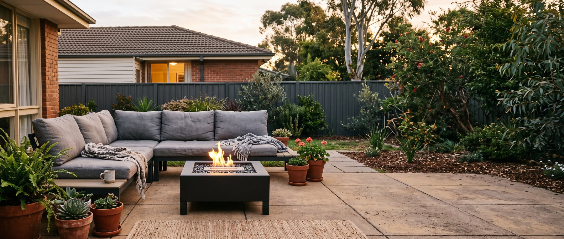 Low coffee-height bioethanol fire table sitting level with a cushioned outdoor lounge on a suburban patio at dusk