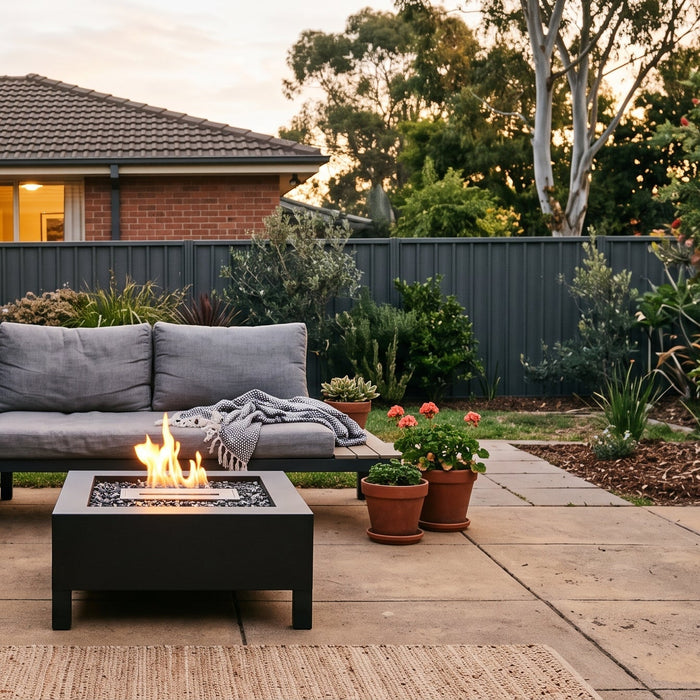 Low coffee-height bioethanol fire table sitting level with a cushioned outdoor lounge on a suburban patio at dusk