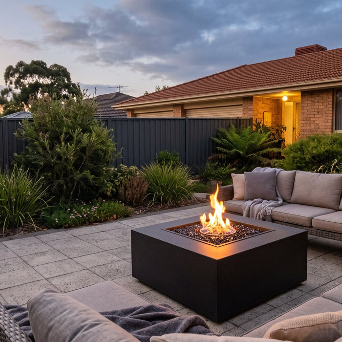 Square bioethanol fire table surrounded by outdoor lounge seating in a tidy suburban courtyard, showing its size and clearance, at dusk