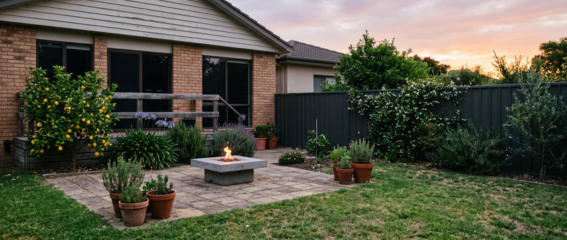 A tidy suburban Australian backyard at dusk with a concrete fire table alight on a paved patio beside a brick and weatherboard home