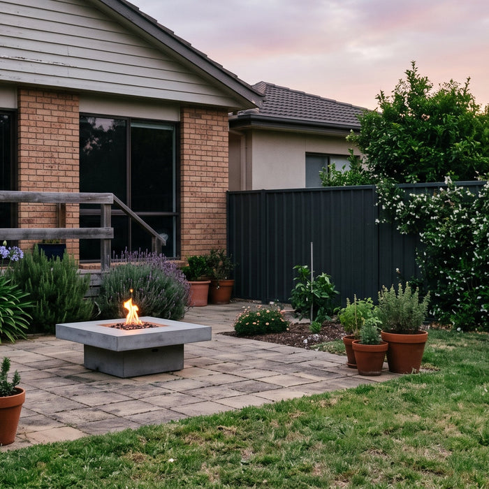 A tidy suburban Australian backyard at dusk with a concrete fire table alight on a paved patio beside a brick and weatherboard home