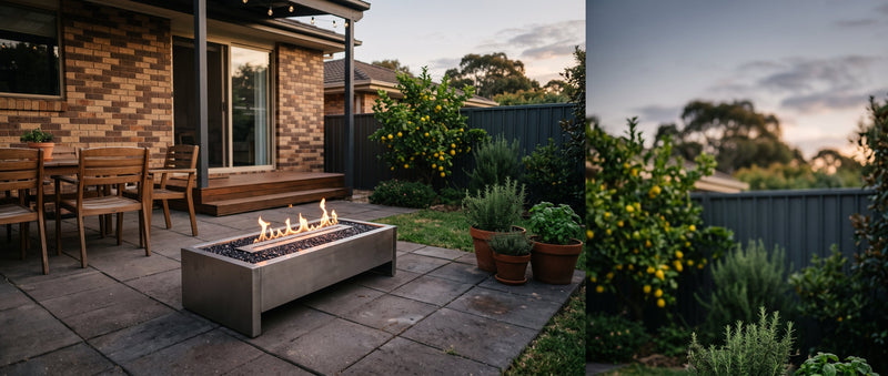 Modern bioethanol fire table with a clean flame over dark fire glass on a paved patio in a tidy Australian suburban backyard at dusk