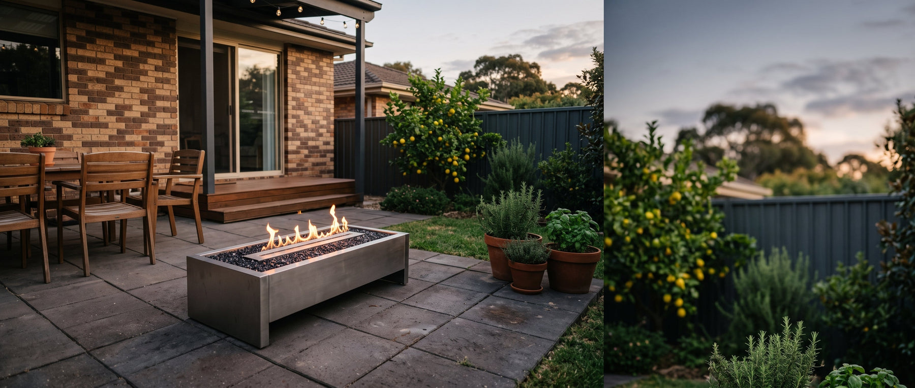Modern bioethanol fire table with a clean flame over dark fire glass on a paved patio in a tidy Australian suburban backyard at dusk