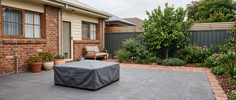 A fitted weatherproof cover over a fire table on a tidy paved patio in a normal Australian suburban backyard