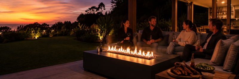 A wide outdoor entertaining area at sunset with four adults gathered around a large rectangular gas fire table, cold beers and grilled lamb chops on the table, and a landscaped coastal garden surrounding the alfresco patio.