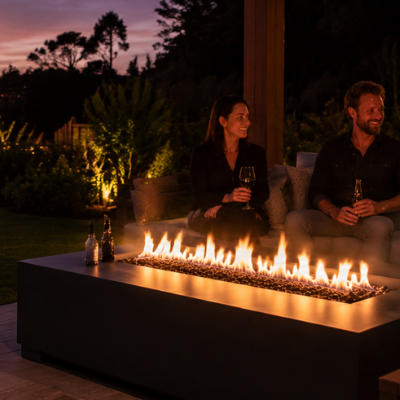 A wide outdoor entertaining area at sunset with four adults gathered around a large rectangular gas fire table, cold beers and grilled lamb chops on the table, and a landscaped coastal garden surrounding the alfresco patio.
