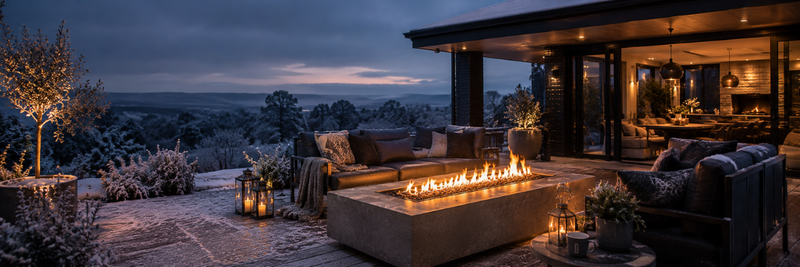 Winter fire pit glowing on a luxury outdoor patio during a frosty evening
