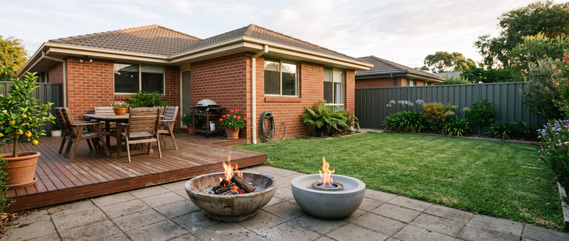 Wood fire pit and bioethanol fire pit side by side on a suburban Australian patio for comparison