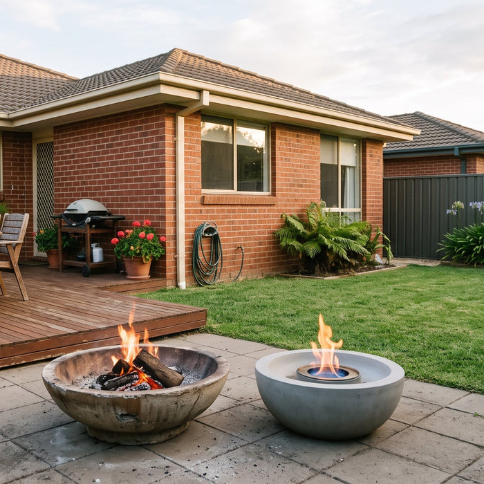 Wood fire pit and bioethanol fire pit side by side on a suburban Australian patio for comparison