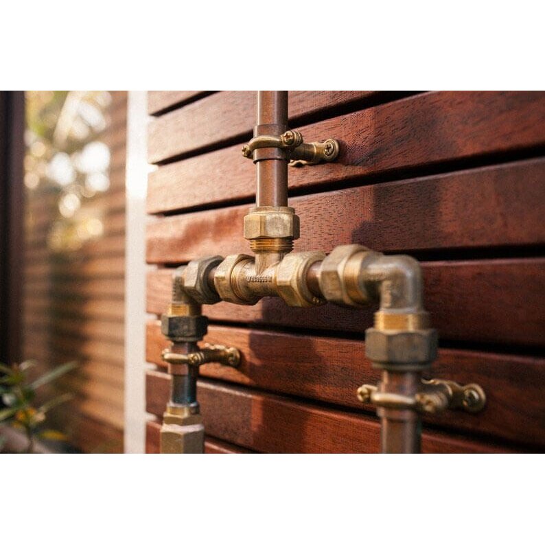 Handmade Banksia copper and brass hot and cold outdoor shower mounted against a wall.