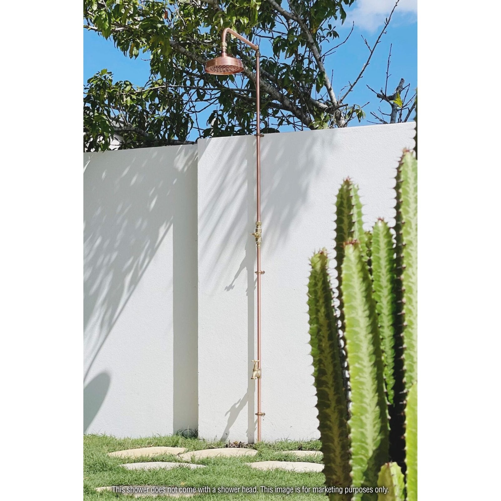 Handmade Bottlebrush copper and brass cold-only outdoor shower.