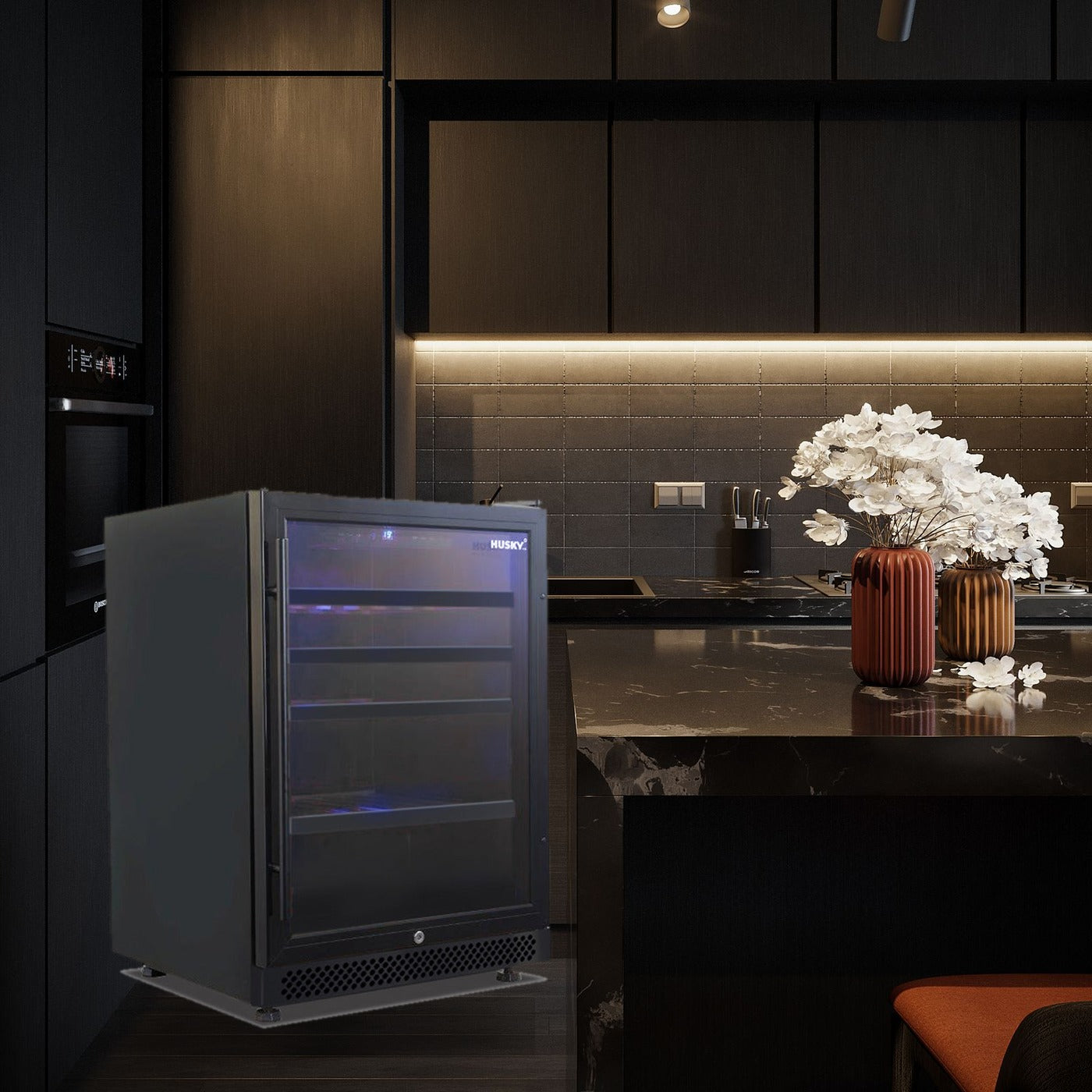 Husky Riserva 154L single zone wine fridge in a premium dark kitchen