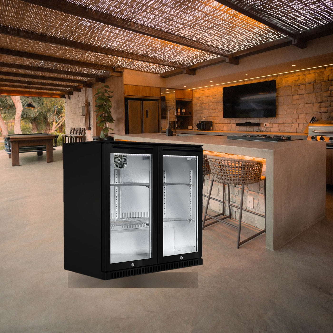 Husky 190L double door alfresco drinks chiller in a covered outdoor bar