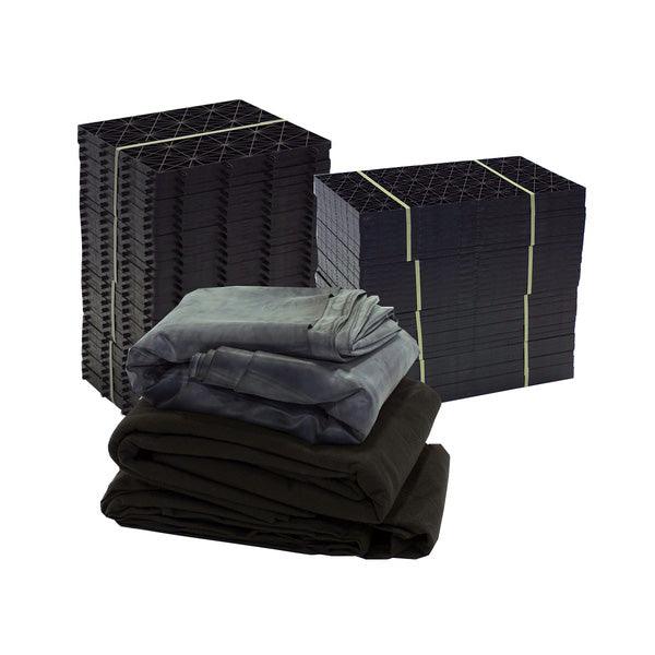 Aquascape Rainwater Harvesting Water Storage Kit contents: stacked AquaBlox large storage modules with EPDM liner and geotextile underlay