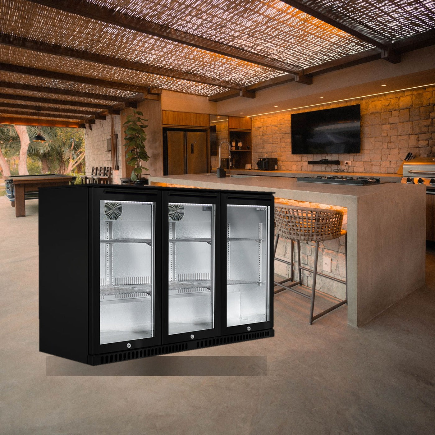Husky 307L triple door alfresco drinks chiller in a covered outdoor kitchen bar