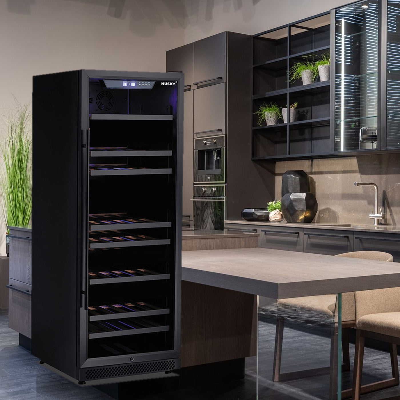 Husky Riserva 380L dual zone wine fridge in a designer kitchen dining space
