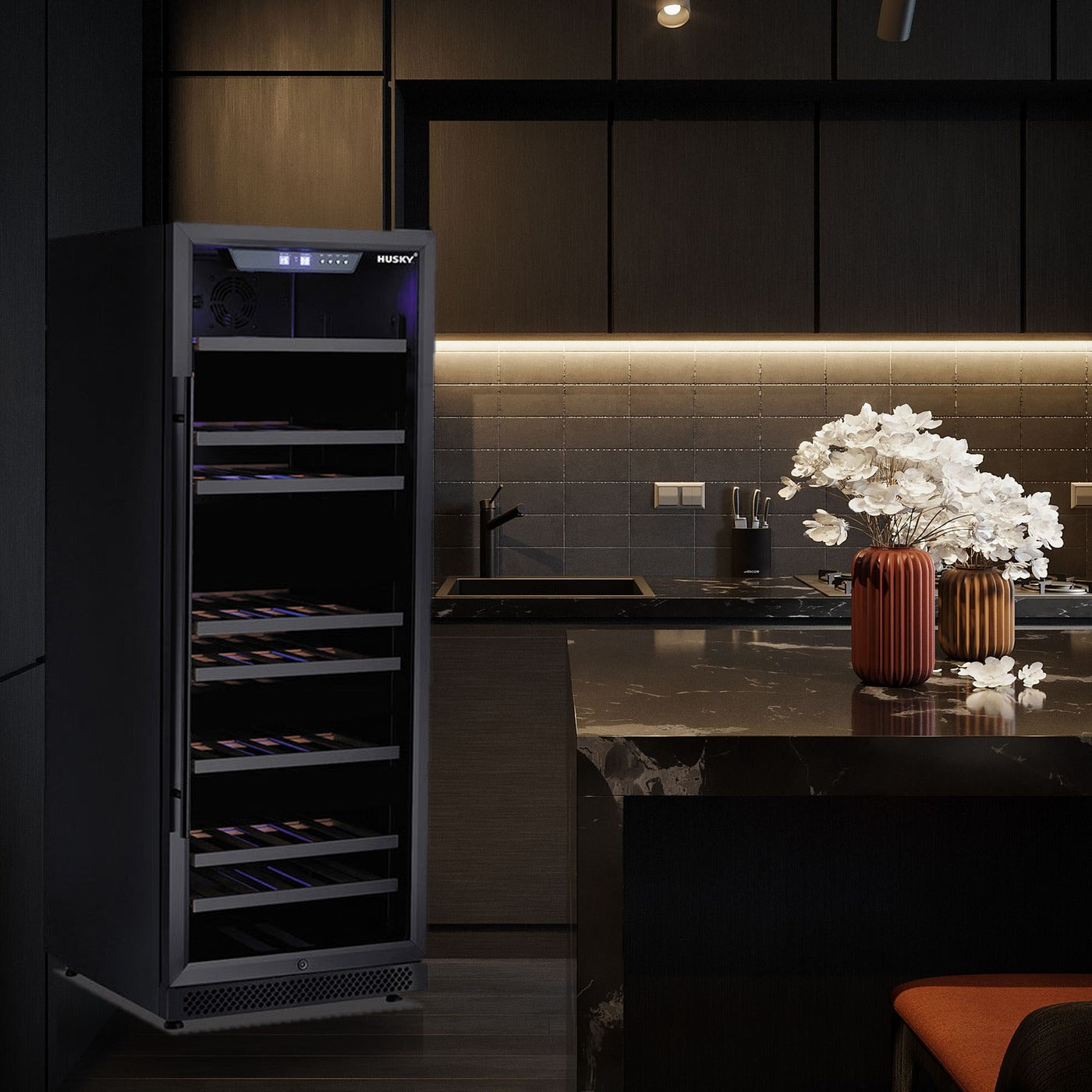 Husky Riserva 380L dual zone wine fridge in a premium dark kitchen