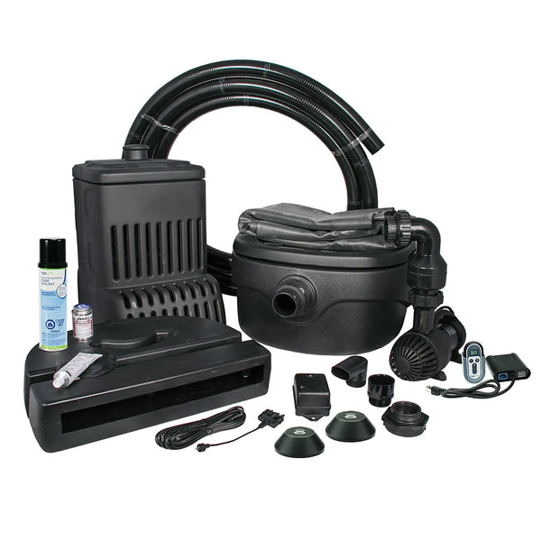 Aquascape Rainwater Harvesting Pondless Waterfall Add-On Kit contents: pondless waterfall vault, waterfall spillway, EPDM liner and plumbing