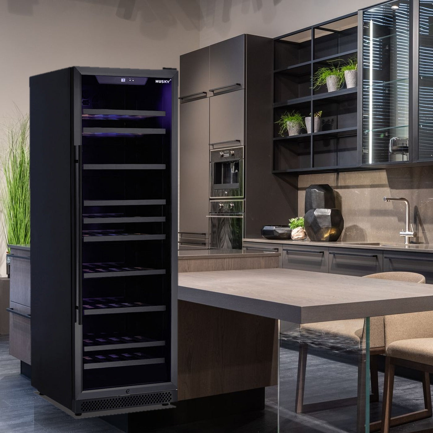 Husky Riserva 450L single zone wine fridge in a designer kitchen dining space