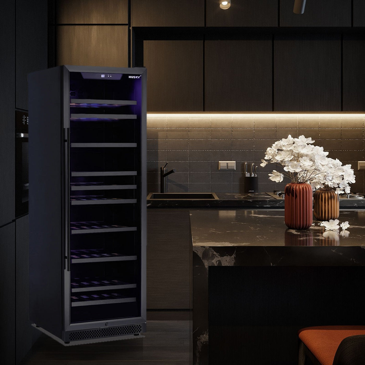 Husky Riserva 450L single zone wine fridge in a premium dark kitchen
