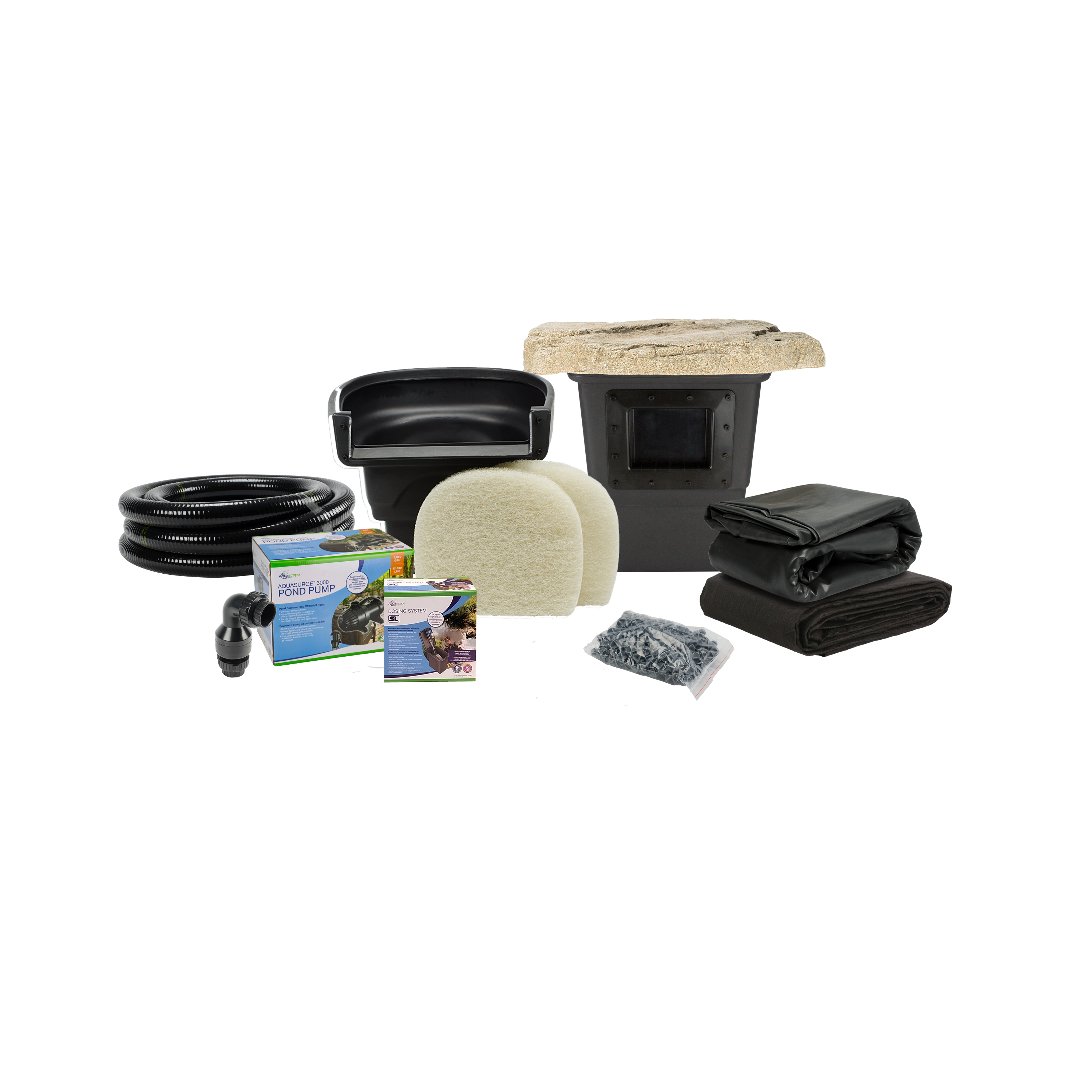 Aquascape Small Pond Kit contents: skimmer, BioFalls filter, AquaSurge pump, automatic dosing system, EPDM liner and underlay