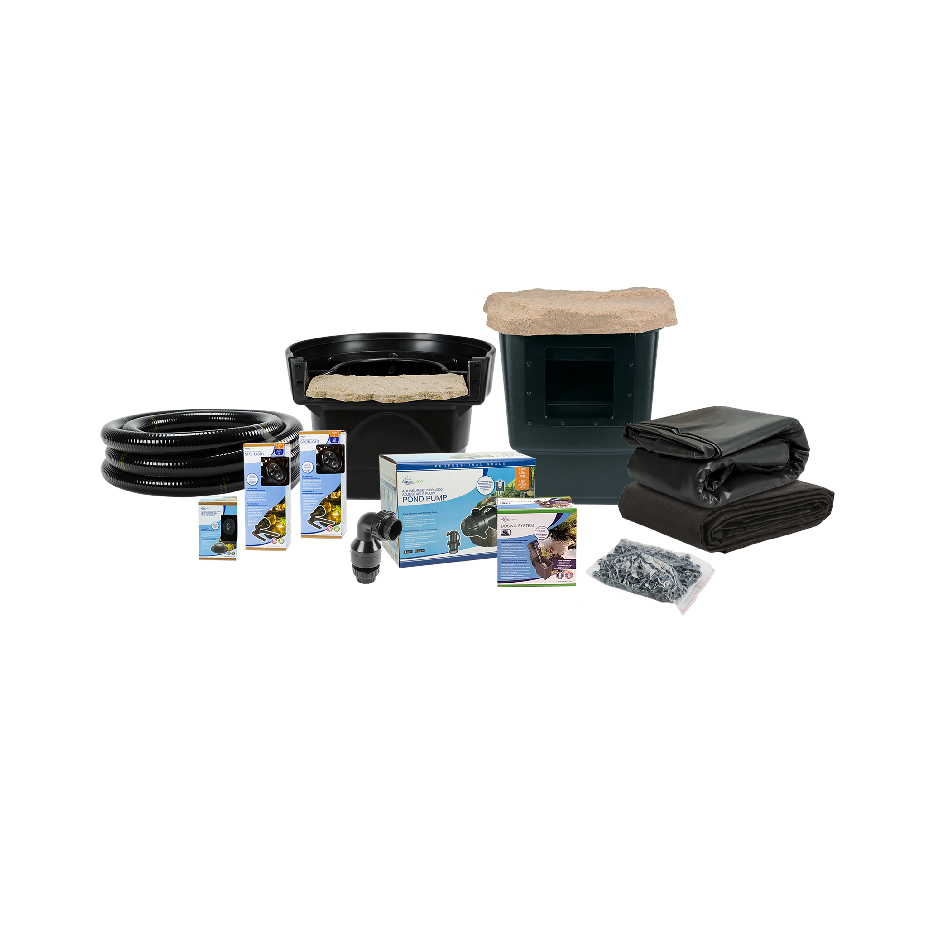 Aquascape Medium Pond Kit contents: skimmer, BioFalls filter, AquaSurge pump, LED lighting package, liner and underlay